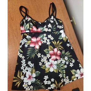 Mainstream Swimsuit Womens Sz 10  One-Piece black with tropical flowers. Built i